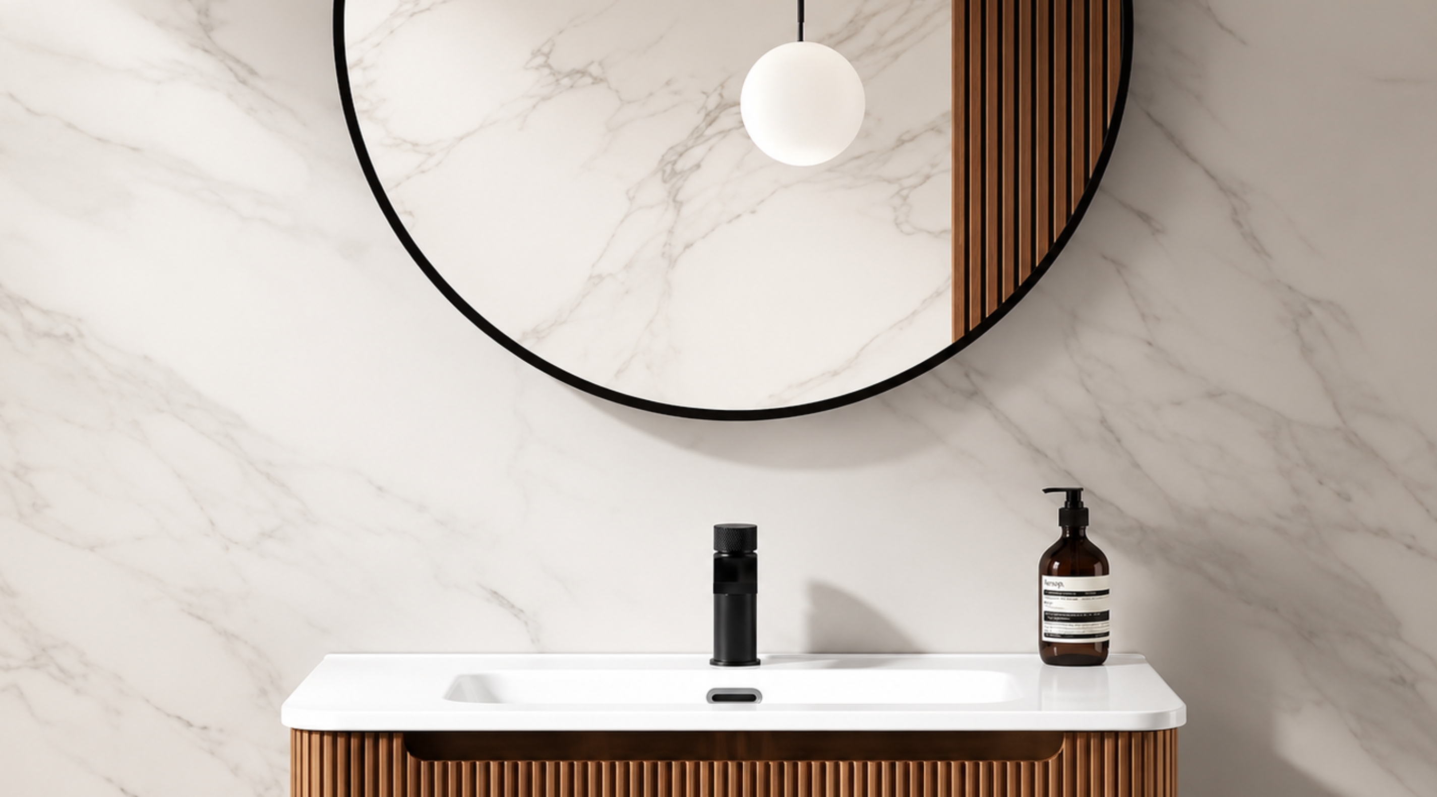 Minimal marble bathroom with round mirror and walnut fluted vanity