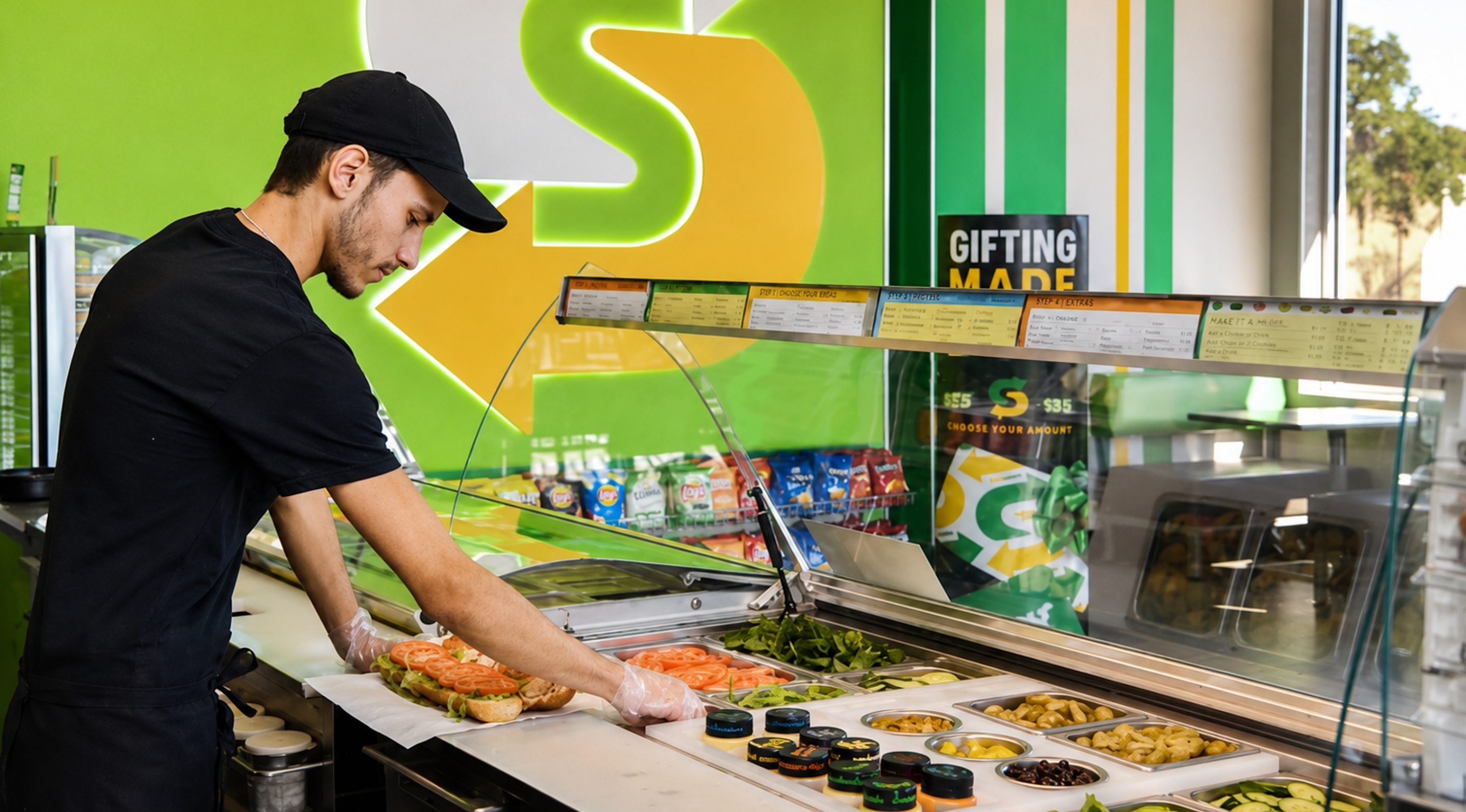 Sandwich artist building a fresh sub at the counter beneath the Subway S