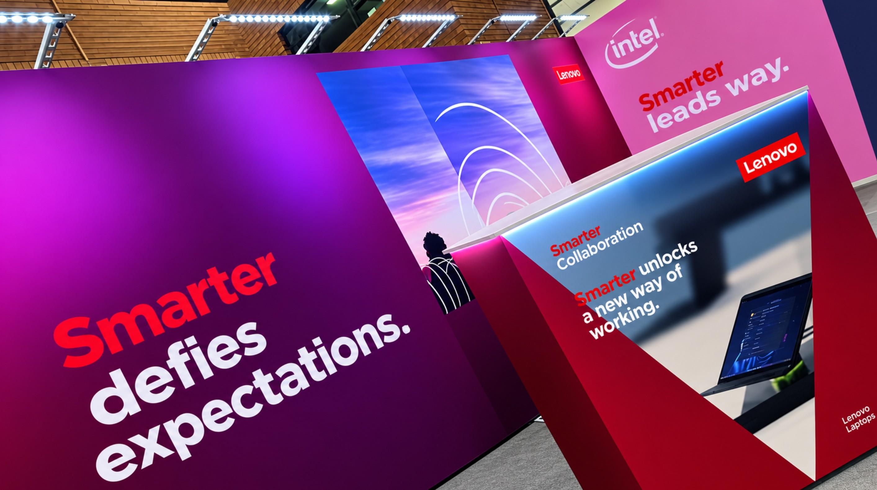 Triga wall-mounted display system on a Lenovo exhibition stand