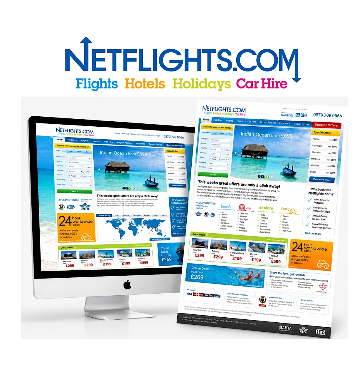 Netflights.com logo above the relaunched website on desktop and print