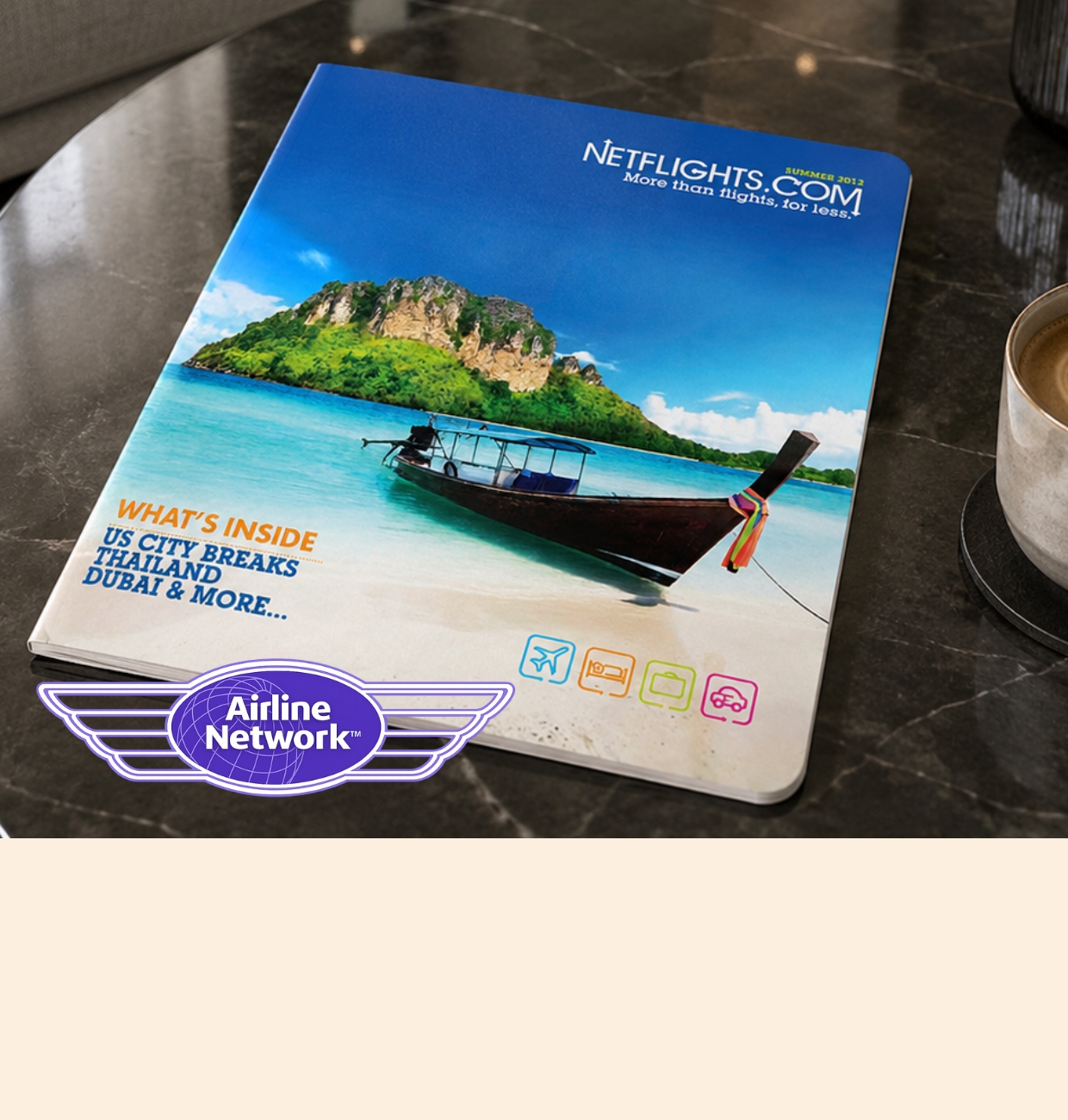 Netflights summer brochure beside the old Airline Network wings logo