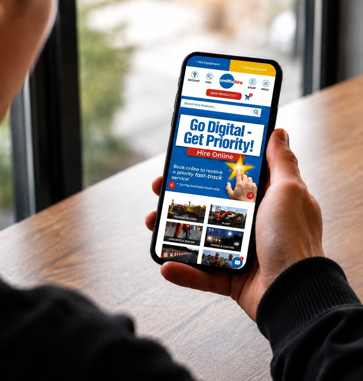 Hand holding a phone showing the Smiths Hire Go Digital, Get Priority campaign