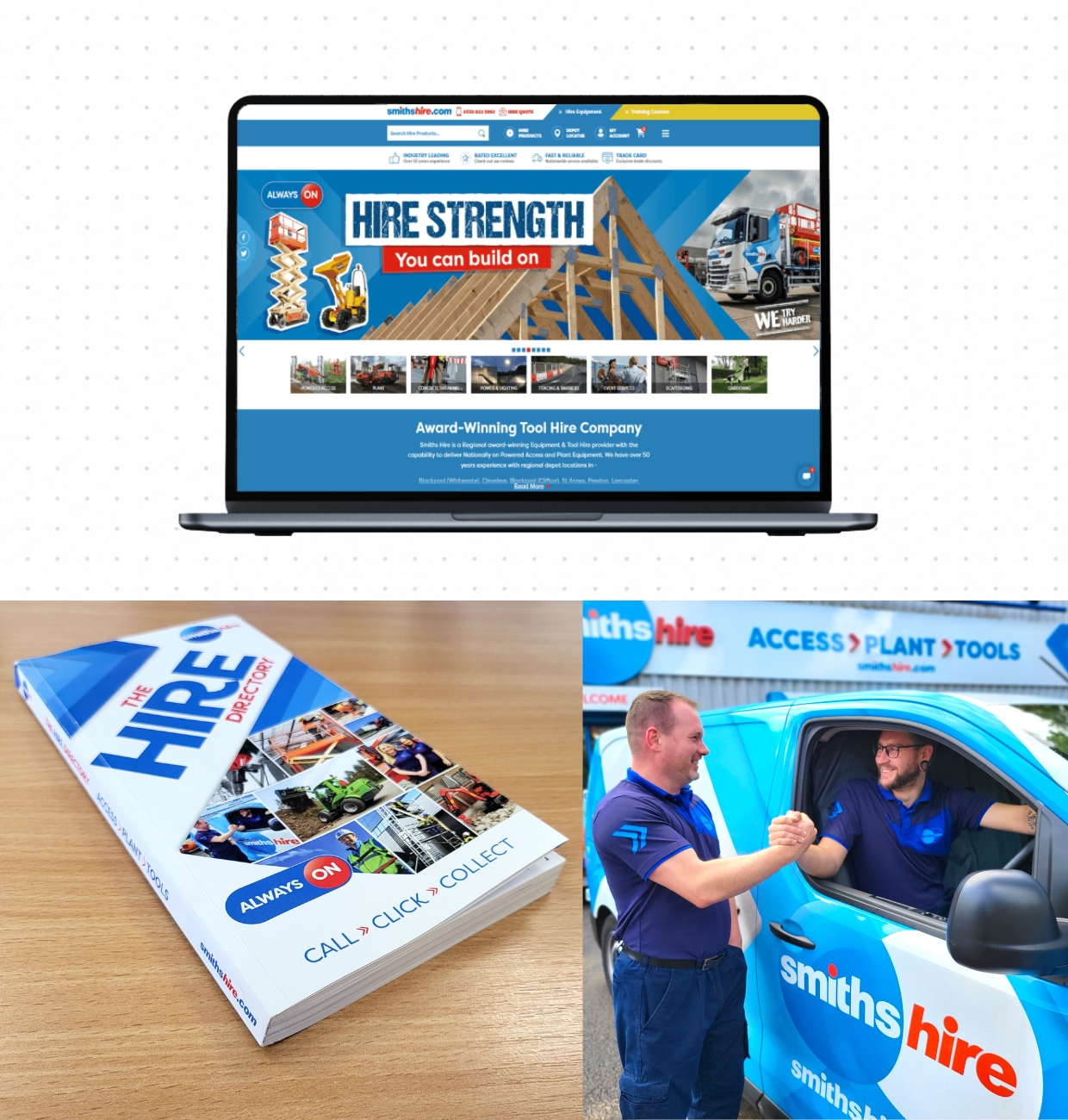 Smiths Hire brand across website, hire directory and liveried vans