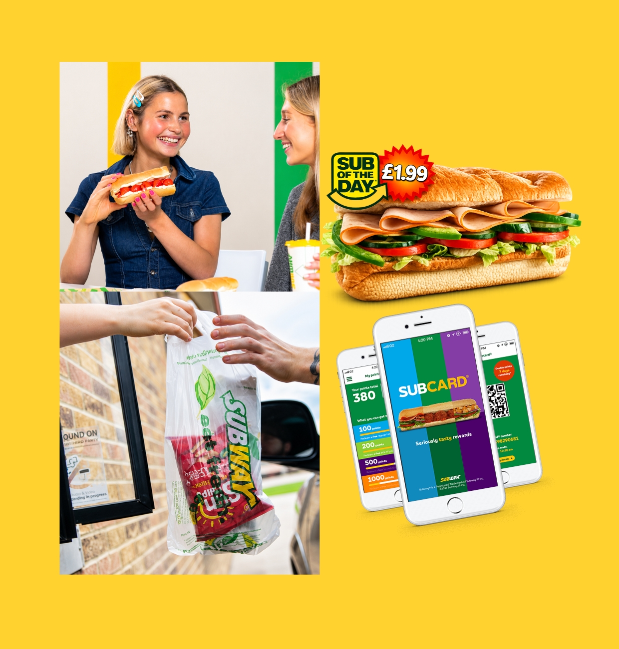 Subway campaigns: customers eating fresh, Sub of the Day at £1.99, drive-thru handover and the Subcard app