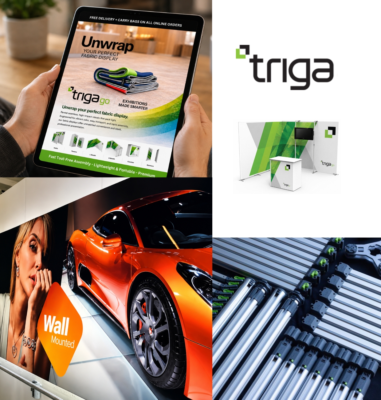 Triga Go campaign: iPad ad, logo, wall-mounted display and system hardware