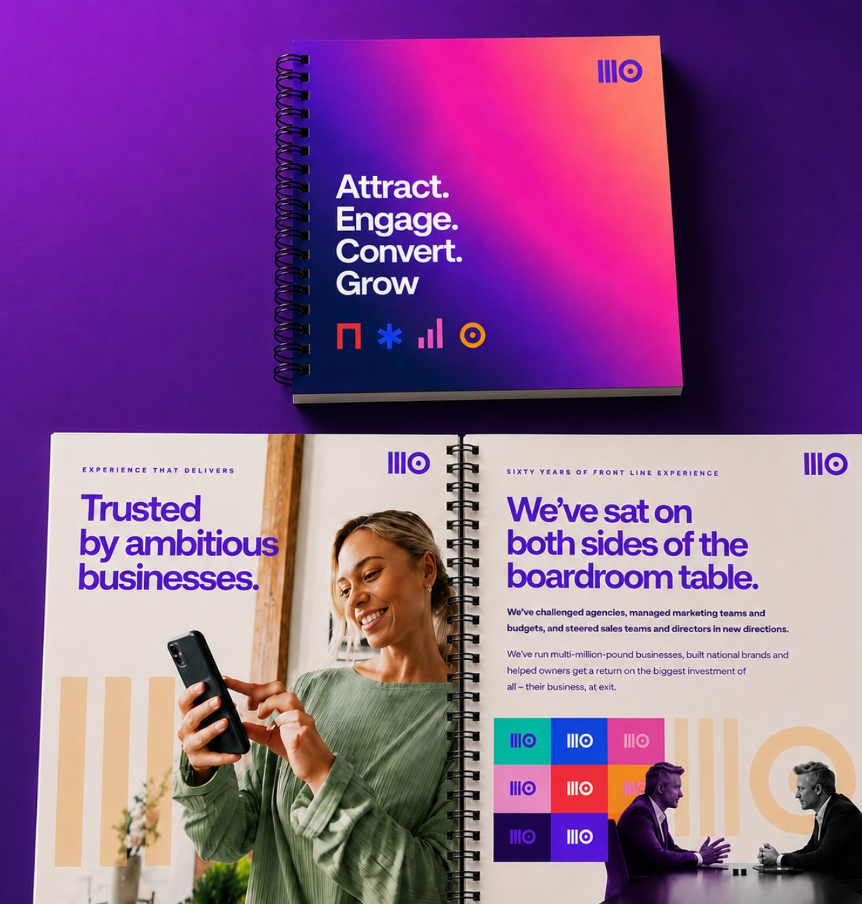 TRIO brand book: gradient cover and the Trusted by ambitious businesses spread