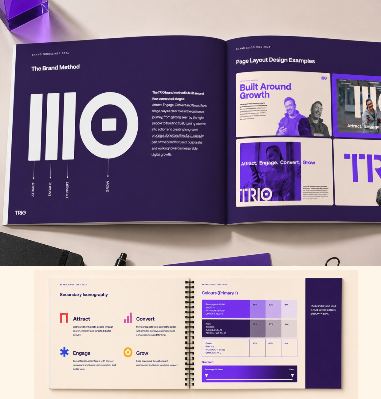 TRIO brand book: the Brand Method spread, iconography and colour pages