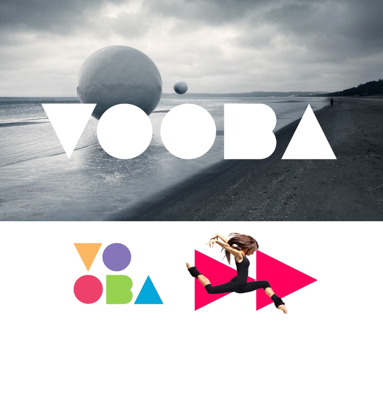 Vooba brand imagery: beach wordmark, geometric logo and campaign dancer