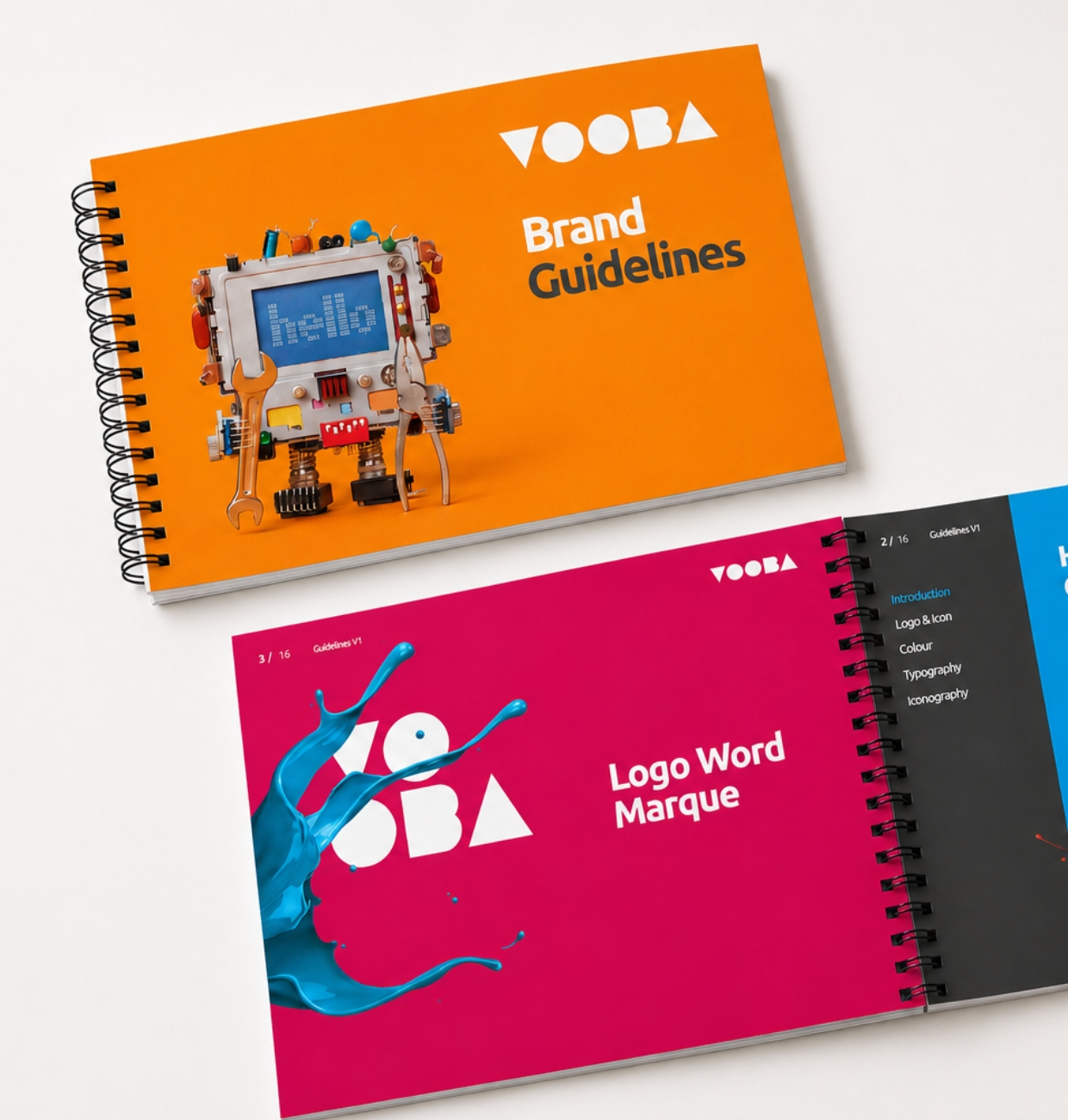 Vooba brand guidelines books in orange and pink
